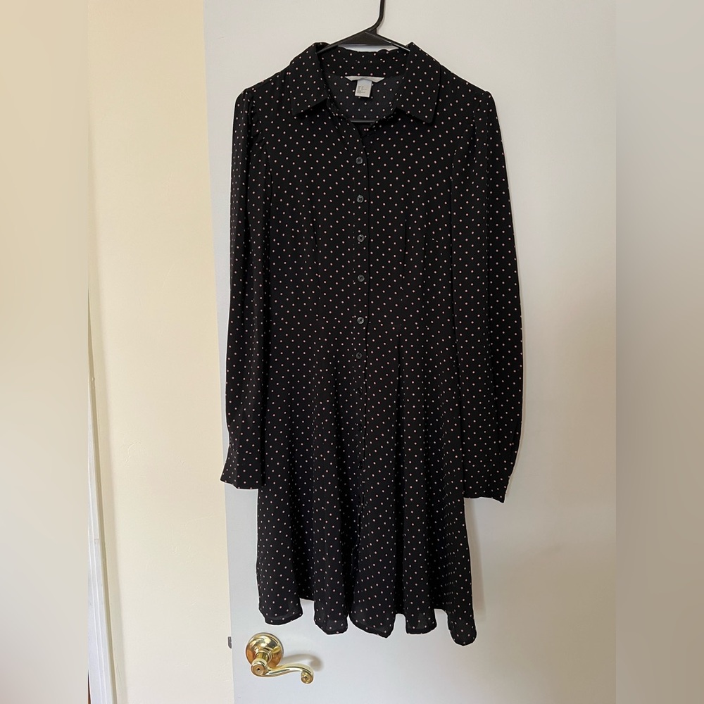 H&M Black Long Sleeve Dress with Pink Dots